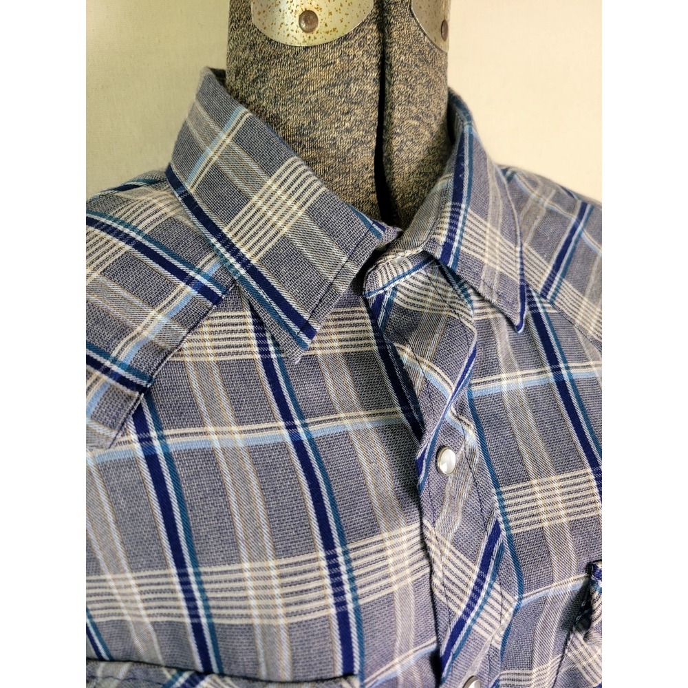 Vintage 70s Rancher Western Wear Mens Button Up Blue Plaid Pearl Snap Size L USA - Picture 3 of 13